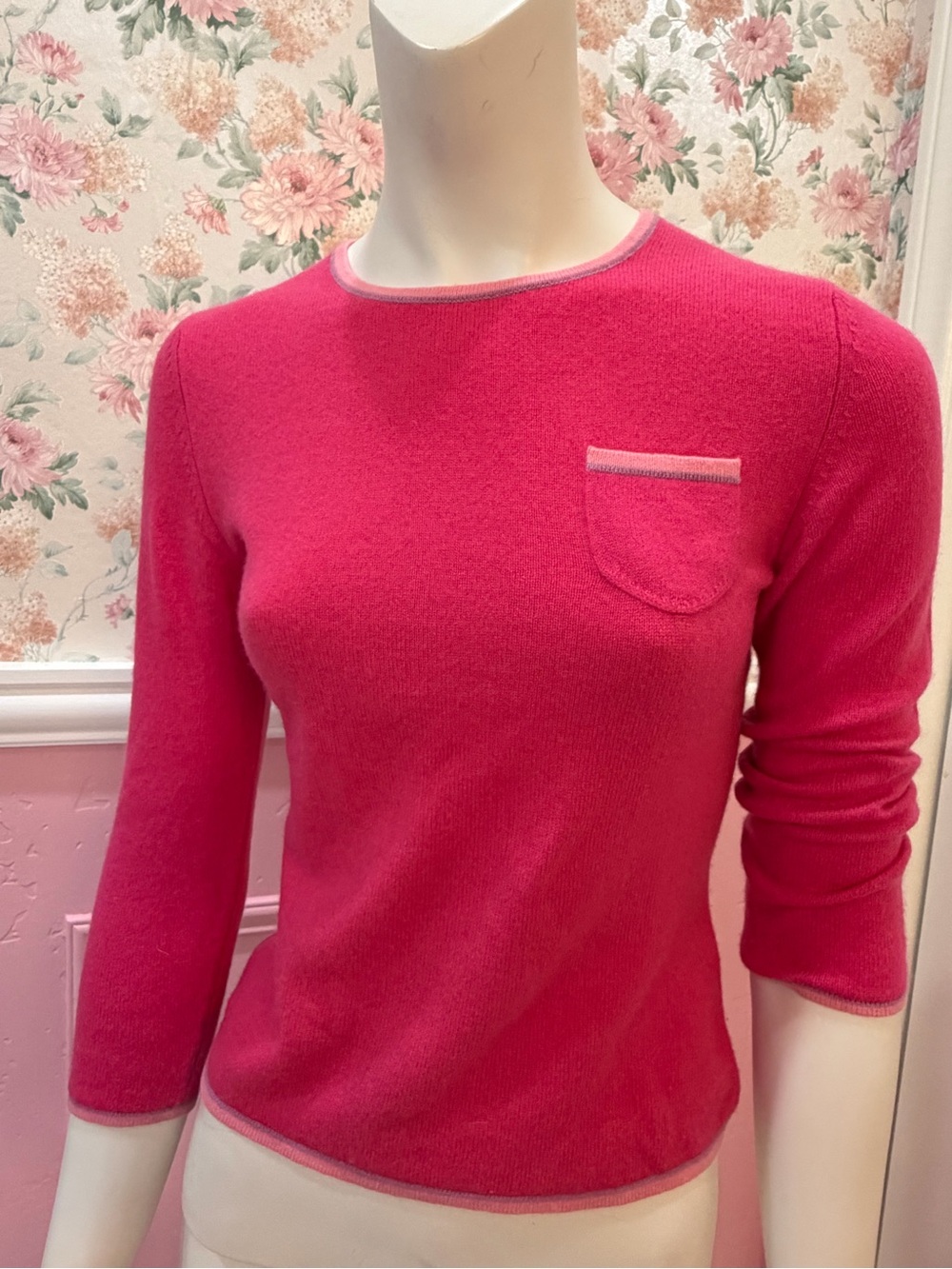 Cashmere Women's Bright Pink Crewneck Sweater with Chest Pocket
